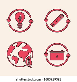 Set Battery with recycle symbol, Recycle and light bulb with lightning symbol, Battery with recycle symbol line and Earth globe and leaf icon. Vector