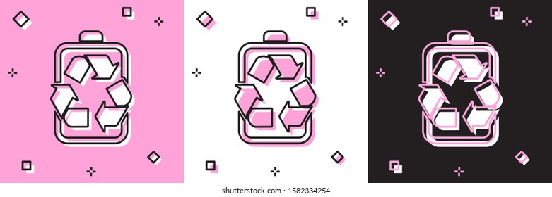 Set Battery with recycle symbol line icon isolated on pink and white, black background. Battery with recycling symbol - renewable energy concept.  Vector Illustration