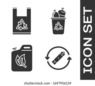 Set Battery with recycle symbol line, Plastic bag with recycle, Bio fuel canister and Recycle bin with recycle symbol icon. Vector