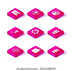 Set Battery with recycle symbol line, Canister for gasoline, Plant hand of environmental protection, Recycle leaf, bin, No trash and light bulb lightning icon. Vector