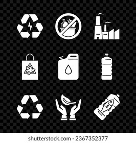 Set Battery with recycle symbol, No trash, Factory, Recycle, Sprout in hand of environmental protection, Stop ocean plastic pollution, Plastic bag and Canister for gasoline icon. Vector