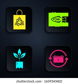 Set Battery with recycle symbol, Plastic bag with recycle, Plant in bottle and Stop ocean plastic pollution. Black square button. Vector