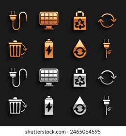 Set Battery, Refresh, Electric saving plug in leaf, Recycle clean aqua, bin with recycle, Paper bag,  and Solar energy panel icon. Vector
