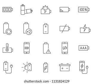 Set Of Battery Related Vector Line Icons. Includes Such Icons As Charge, Energize, Power, Accumulator And More.