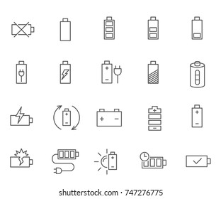 Conjunto de ícones de linha de vetor relacionados à bateria.Inclui ícones como bateria, vida útil da bateria, interface, carregador e muito mais.