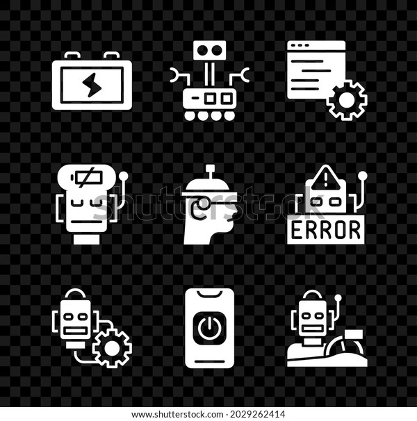 Set Battery, Robot, Computer api\
interface, setting, Turn off robot from phone, humanoid driving\
car, low battery charge and Smart glasses icon.\
Vector