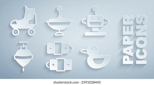 Set Battery, Robot toy, Whirligig, Rubber duck,  and Roller skate icon. Vector