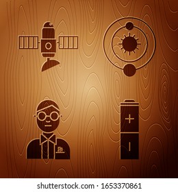 Set Battery, Satellite, Scientist and Solar system on wooden background. Vector