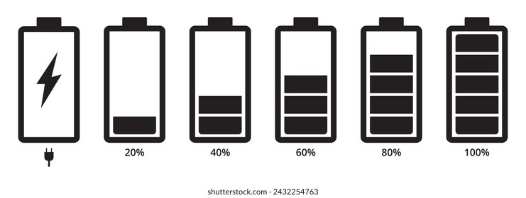 Satz von Batterie-Silhouette-Symbol mit Strichlinie. Batterie-Symbol, Vektor. Vektor-Illustration der Ladebatterie.  Symbole für Batterieanzeige.