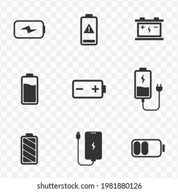 Set of battery simple vector icons with transparent background (PNG). Vector illustration.