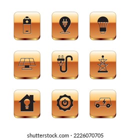 Set Battery, Smart house and light bulb, Power button, Electric plug, Solar energy panel, LED, car and icon. Vector