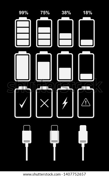 Set of battery and type-c cable icons. Vector\
icons of indicators for the design of the interface of phone,\
tablet and other devices.