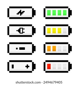 Set of battery Vector Icons Pixel art style, battery status, downloading energy level icon