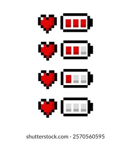 Set of battery Vector Icons Pixel art style, battery status, downloading energy level icon. Vector eps10