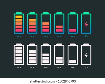 Set of battery vector symbol different level of charge for ui energy symbol mobile phone, battery charge signs. Car battery indicator. Accumulator battery, wireless charging energy icons. 10 eps