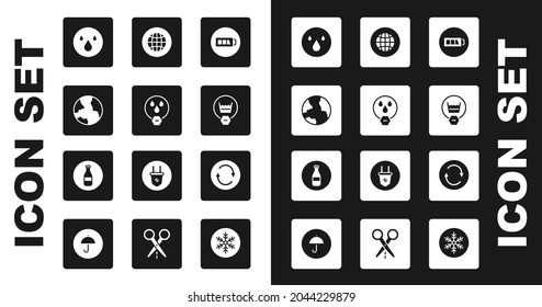 Set Battery, Water drop forbidden, Worldwide, Delicate wash, Social network, Recycle symbol and Bottle icon. Vector