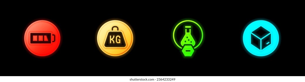 Set Battery, Weight, Test tube and flask and Carton cardboard box icon. Vector