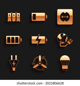 Set Battery, Wind turbine, LED light bulb, Global energy power planet, Electric plug, Electrical outlet and Hydroelectric dam icon. Vector