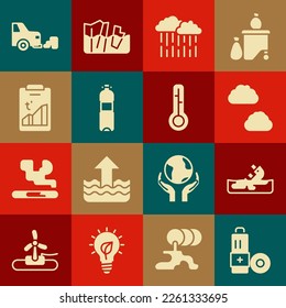 Set Battery, Wrecked oil tanker ship, Cloud, with rain, Bottle of water, Global warming, Car exhaust and Meteorology thermometer icon. Vector