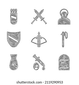 Ponga el cruce de batalla con flecha, sangre de espadas, puerta del castillo medieval, hacha, bolsa de dinero antiguo, escudo, icono de flechas de Monje y Quiver. Vector