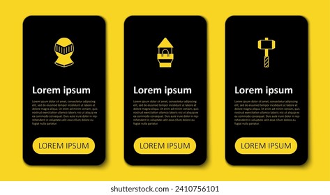 Set Battle hammer, Castle tower and Medieval helmet. Business infographic template. Vector