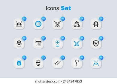 Set Martillo de batalla, Cruzada, Escudo de madera redondo, Casco medieval, Espada medieval cruzada, Escudo con corona, Vikingo en cuernos e icono. Vector