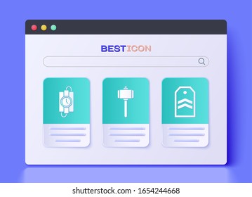 Set Battle hammer, dynamite stick and timer clock and Chevron icon. Vector