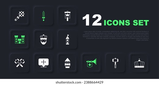 Set Battle hammer, King crown, with, Trumpet flag, Castle, Crusade, Medieval sword and tower icon. Vector