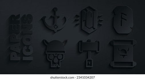 Establecer martillo de batalla, pista mágica, cráneo con casco viking, decreto, pergamino, pergamino, gema y icono de Ancla. Vector
