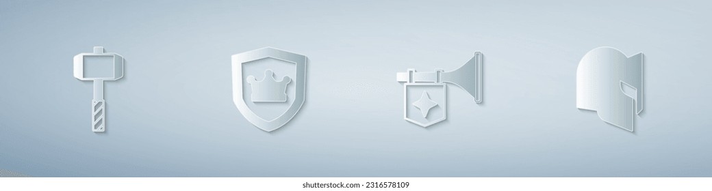 Ponga el martillo de batalla, escudo con corona, bandera de la trompeta y casco medieval. Estilo de arte de papel. Vector