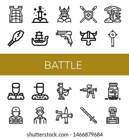 Set of battle icons such as Bulletproof vest, Weapon, Sword, Battleship, Viking, Gun, Spear, Viking helmet, Camouflage, Mace, Military, Soldier, Rapper, Medieval, Hip hop , battle
