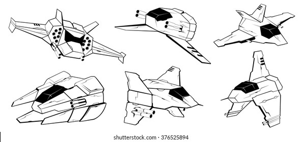 set of battle spaceships. space armed forces. futuristic vehicles. vector illustration