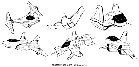 set of battle spaceships. space armed forces. futuristic vehicles. vector illustration