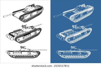 Fije el tanque de batalla. Desde varias vistas Vector Planos técnicos de la línea de dibujos. aislado sobre fondo transparente