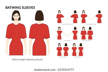 Set of Batwing sleeves clothes elbow, medium, short length technical fashion illustration with fitted body. Flat apparel template front, back sides. Women, men unisex CAD mockup