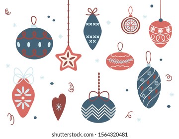 Set of baubles, toy and decorations for Christmas tree. Vector illustration in flat cartoon style.