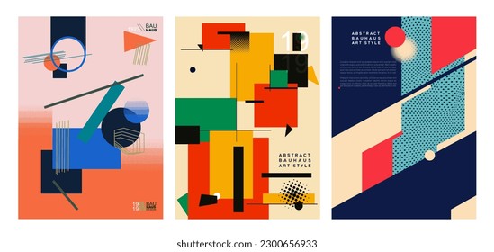 Set of Bauhaus cover templates with abstract geometry. Colored geometric posters. Vector retro minimal shapes, forms, lines and eye design. Magazine, poster, journal or album creative art cover.