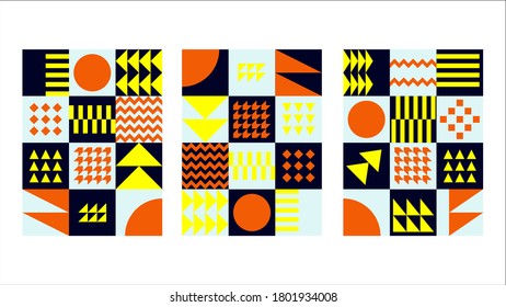 Set of bauhaus geometric cover design. Retro abstract memphis elements simple swiss style, minimal composition. Vector illustration with black, white, orange, yellow colors