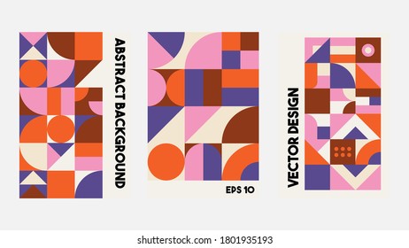 Set of bauhaus geometric cover design. Retro abstract memphis elements simple swiss style, minimal composition. Vector illustration with orange, pink, brick red, white colors