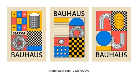 Set of bauhaus inspired posters with abstract geometric shapes. Vector minimal vintage illustrations