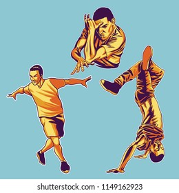 Set of b-boys making a street dance in a hip hop style in different poses.Vector illustration on a blue background. 