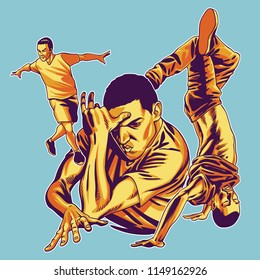 Set of b-boys making a street dance in a hip hop style in different poses. Vector illustration on a blue background. 