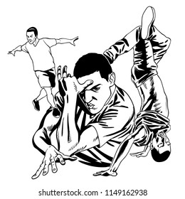 Set of b-boys making a street dance in a hip hop style in different poses. Black and white vector illustration.