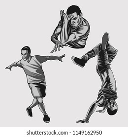 Set of b-boys making a street dance in a hip hop style in different poses. Vector illustration.