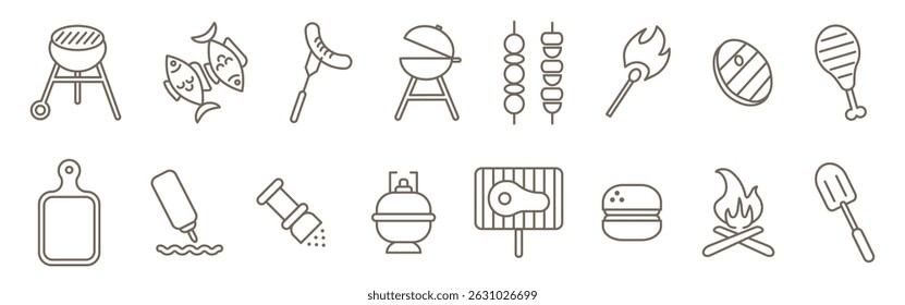 Conjunto de churrasco, churrasco, grelhar ícones lineares. Ícone de linha de grade definido isolado no plano de fundo transparente. Peixe, carne, salsichas, hambúrguer, fogueira, perna de frango, carne, bife, molho, etc. Traçado editável.