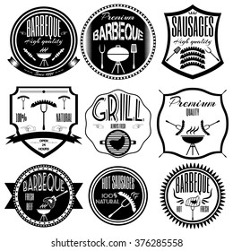Set bbq, barbeque, grill; sausages; restaurant; steak; retro vintage badges, ribbons and labels hipster signboard. Vector, illustration. Black and white.
