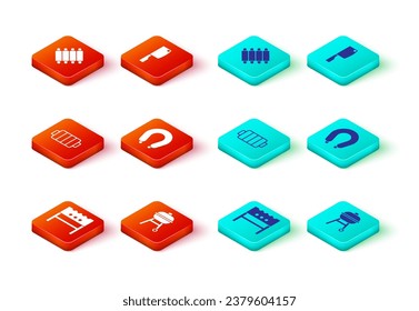 Set BBQ brazier, Barbecue grill, Sausage, Meat chopper and Grilled pork bbq ribs icon. Vector