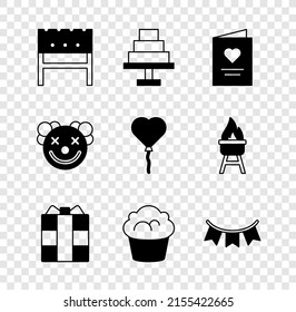 Ponga el brazier de barbacoa, el pastel, la postal con corazón, la caja de regalo, el muffin, las banderas de la garganta del carnaval, la cabeza de payaso y los globos forma de icono. Vector