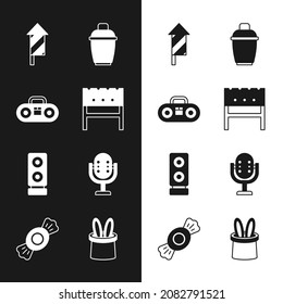 Set BBQ Brazier, Home Stereo With Two Speakers, Firework Rocket, Cocktail Shaker, Stereo, Microphone, Magician Hat And Rabbit Ears And Candy Icon. Vector