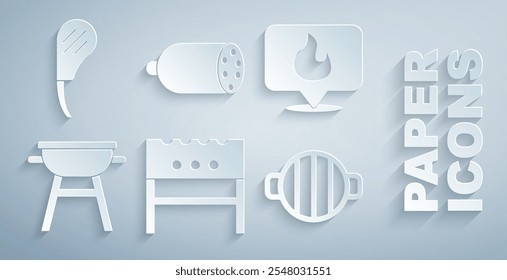 Set BBQ brazier, Location with fire flame, Barbecue grill, Salami sausage and Rib eye steak icon. Vector